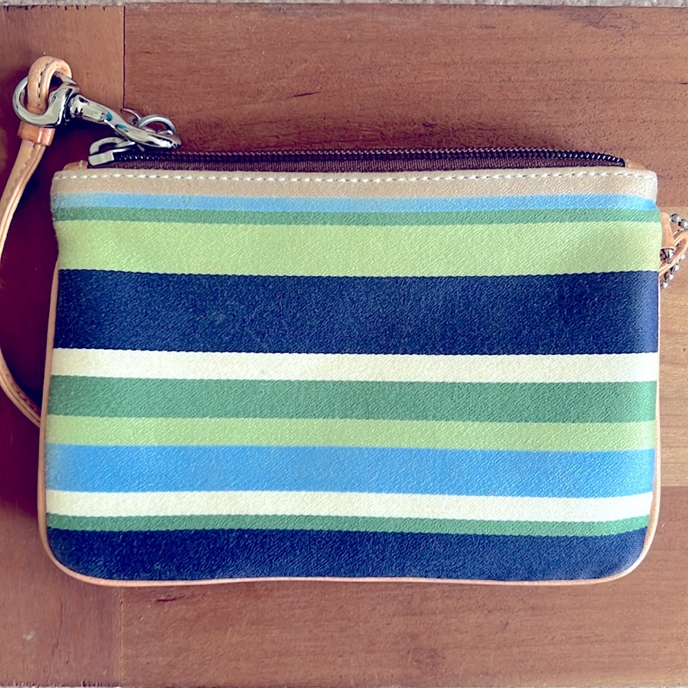 COACH Wristlet Stripped Textile & Leather Zipper Wallet